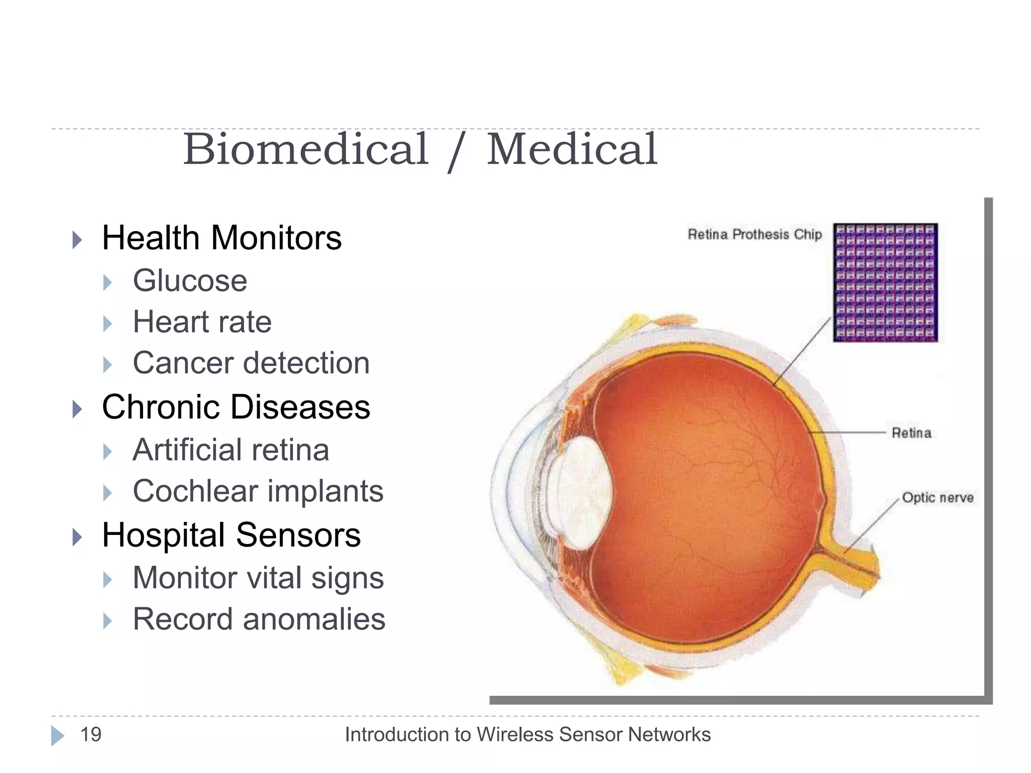 Biomedical / Medical
 Health Monitors
 Glucose
 Heart rate
 Cancer detection
 Chronic Diseases
 Artificial retina
 Cochlear implants
 Hospital Sensors
 Monitor vital signs
 Record anomalies
19 Introduction to Wireless Sensor Networks
 