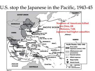 Numbers of Americans killed
o Iwo Jima, 6K
o Okinawa, 7.6K
Japanese had higher casualties
U.S. stop the Japanese in the Pacific, 1943-45
 