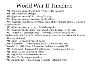 World War II Timeline
1931 – Japanese invade Manchuria (“Asia for the Asians”)
1935 – Italians invade Ethiopia
1937 – Japanese invade China, Rape of Nanjing
1938 – Germans annex of Austria - the Anschluss
1938 – Germans invade Sudentenland, home of three million ethnic Germans in
Czechoslovakia
1938 – Germans occupy the rest of Czechoslovakia
1939 – Germany (& Russia) invade Poland (after the Nazi-Soviet Pact)
1940 - Blitzkrieg – lightning speed – Denmark, Norway, Belgium, the
Netherlands, and France fell to Nazi forces (Panzer – battletanks and Luftwaffe
– German air force)
1941 – June - Germans invade of Russia
1941 – December – Japanese attack Pearl Harbor, military base
December 11, 1941, Hitler & Mussolini declares war on the US
1943 – Stalingrad – Russians defeat Germany – turning point for war
1944 – June – Allied invasion of France
1945 – April 30 – Hitler commits suicide
1945 – May 7 – Germany surrenders
1945- August 6 & 8 – Hiroshima & Nagasaki – Atomic bombs
 