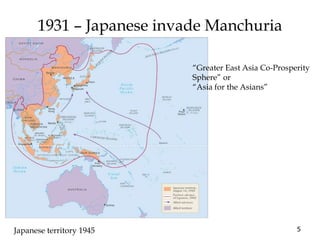 5
1931 – Japanese invade Manchuria
“Greater East Asia Co-Prosperity
Sphere” or
“Asia for the Asians”
Japanese territory 1945
 