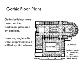 Gothic Floor Plans
Gothic buildings were
based on the
traditional plan used
by basilicas.
However, single units
were integrated into a
unified spatial scheme.
 