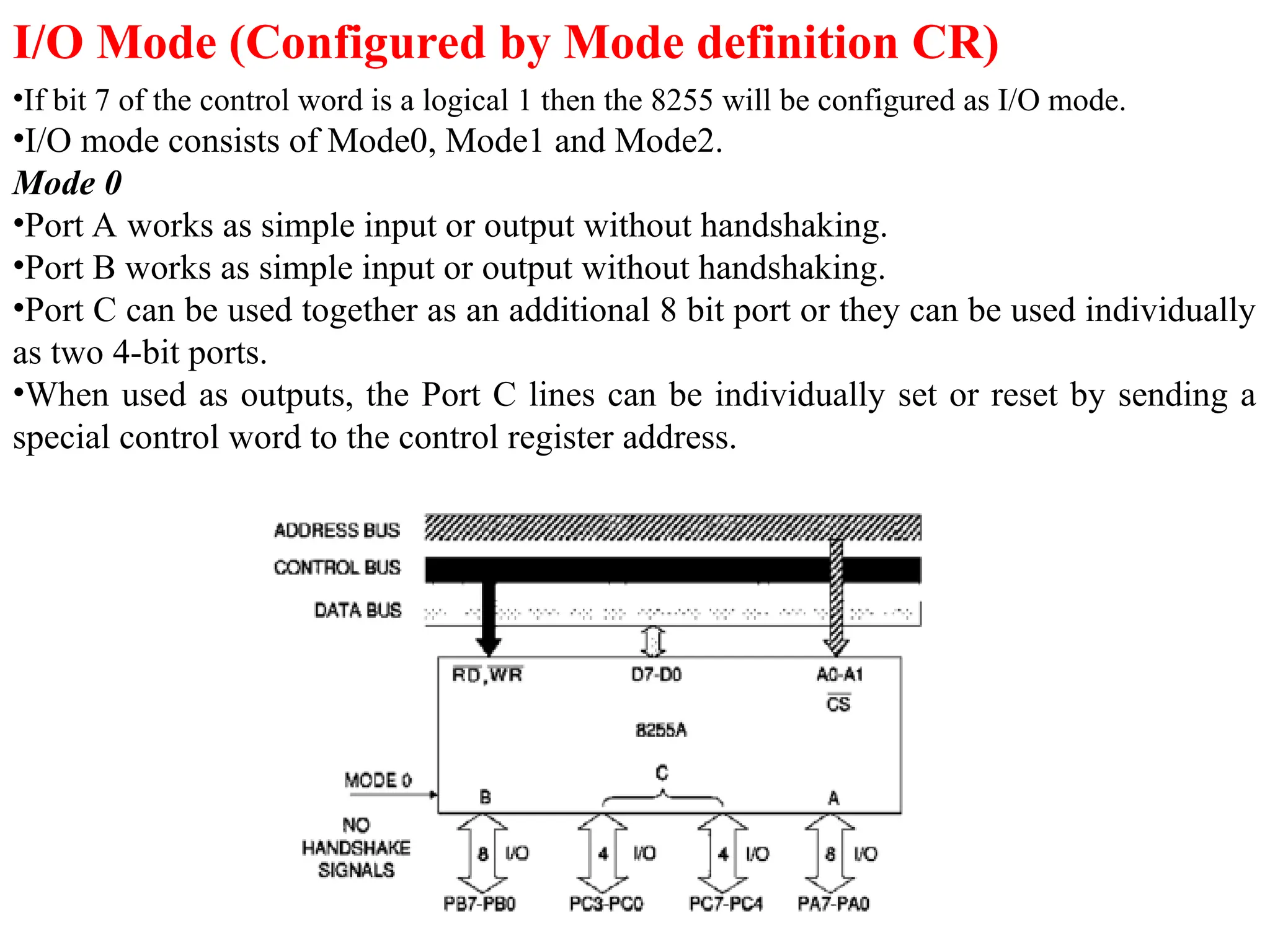 I/O Mode (Configured by Mode definition CR)
•If bit 7 of the control word is a logical 1 then the 8255 will be configured as I/O mode.
•I/O mode consists of Mode0, Mode1 and Mode2.
Mode 0
•Port A works as simple input or output without handshaking.
•Port B works as simple input or output without handshaking.
•Port C can be used together as an additional 8 bit port or they can be used individually
as two 4-bit ports.
•When used as outputs, the Port C lines can be individually set or reset by sending a
special control word to the control register address.
 