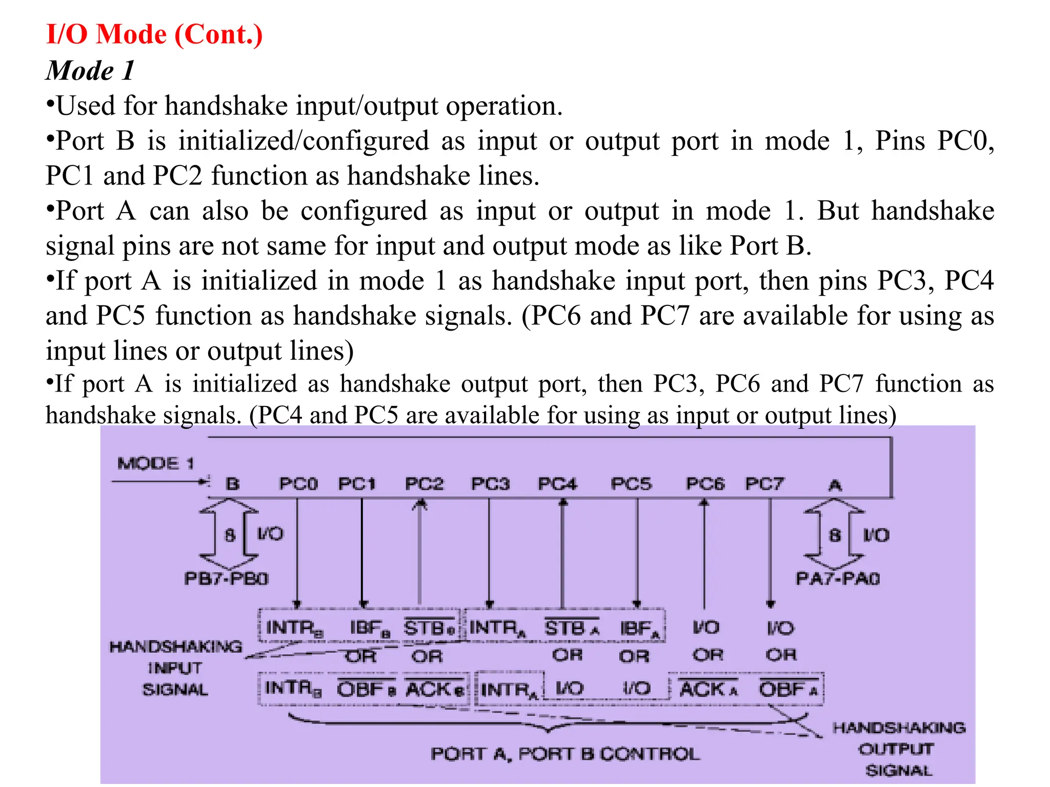 Mode 1
•Used for handshake input/output operation.
•Port B is initialized/configured as input or output port in mode 1, Pins PC0,
PC1 and PC2 function as handshake lines.
•Port A can also be configured as input or output in mode 1. But handshake
signal pins are not same for input and output mode as like Port B.
•If port A is initialized in mode 1 as handshake input port, then pins PC3, PC4
and PC5 function as handshake signals. (PC6 and PC7 are available for using as
input lines or output lines)
•If port A is initialized as handshake output port, then PC3, PC6 and PC7 function as
handshake signals. (PC4 and PC5 are available for using as input or output lines)
I/O Mode (Cont.)
 
