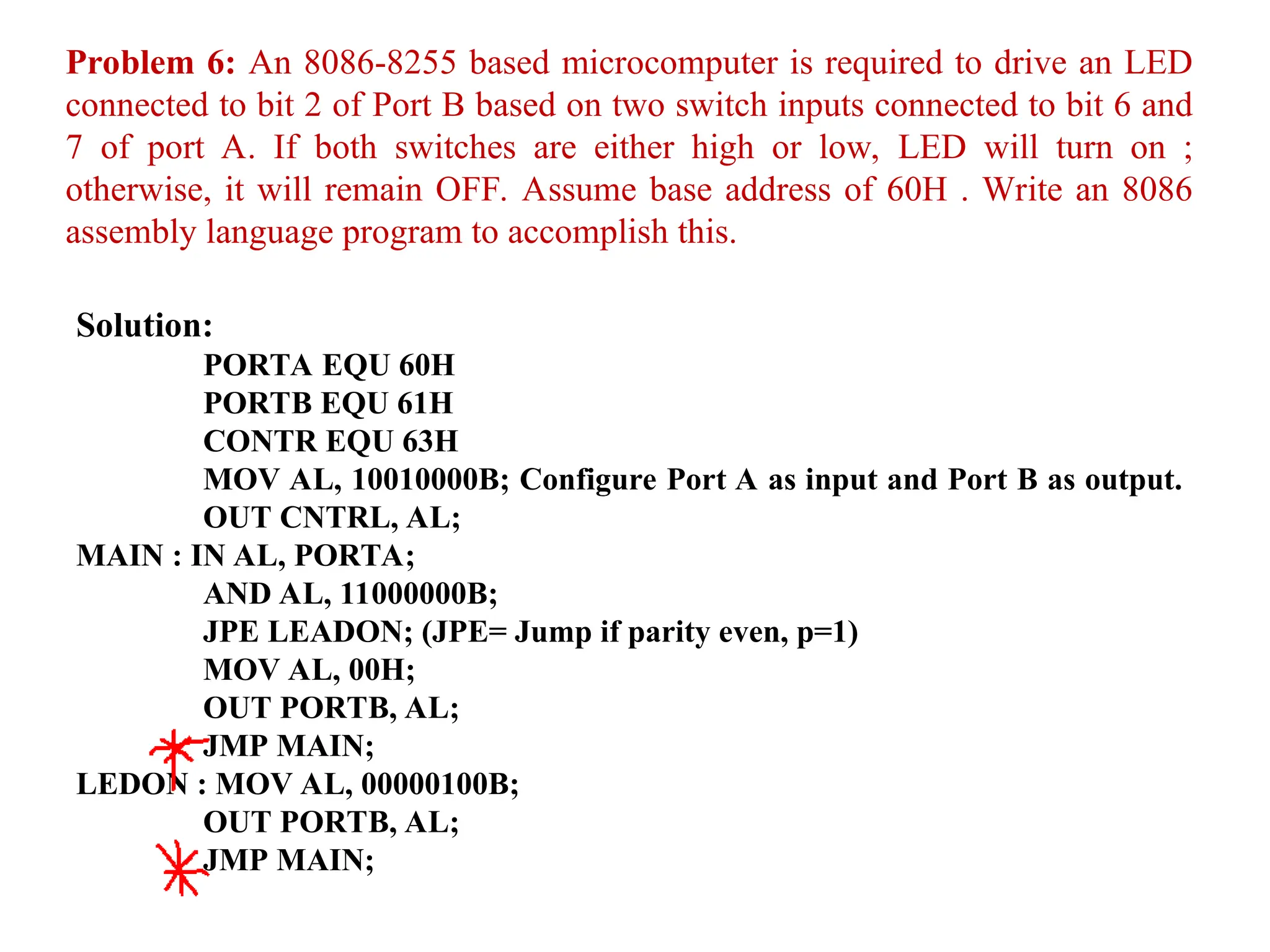 Problem 6: An 8086-8255 based microcomputer is required to drive an LED
connected to bit 2 of Port B based on two switch inputs connected to bit 6 and
7 of port A. If both switches are either high or low, LED will turn on ;
otherwise, it will remain OFF. Assume base address of 60H . Write an 8086
assembly language program to accomplish this.
Solution:
PORTA EQU 60H
PORTB EQU 61H
CONTR EQU 63H
MOV AL, 10010000B; Configure Port A as input and Port B as output.
OUT CNTRL, AL;
MAIN : IN AL, PORTA;
AND AL, 11000000B;
JPE LEADON; (JPE= Jump if parity even, p=1)
MOV AL, 00H;
OUT PORTB, AL;
JMP MAIN;
LEDON : MOV AL, 00000100B;
OUT PORTB, AL;
JMP MAIN;
 