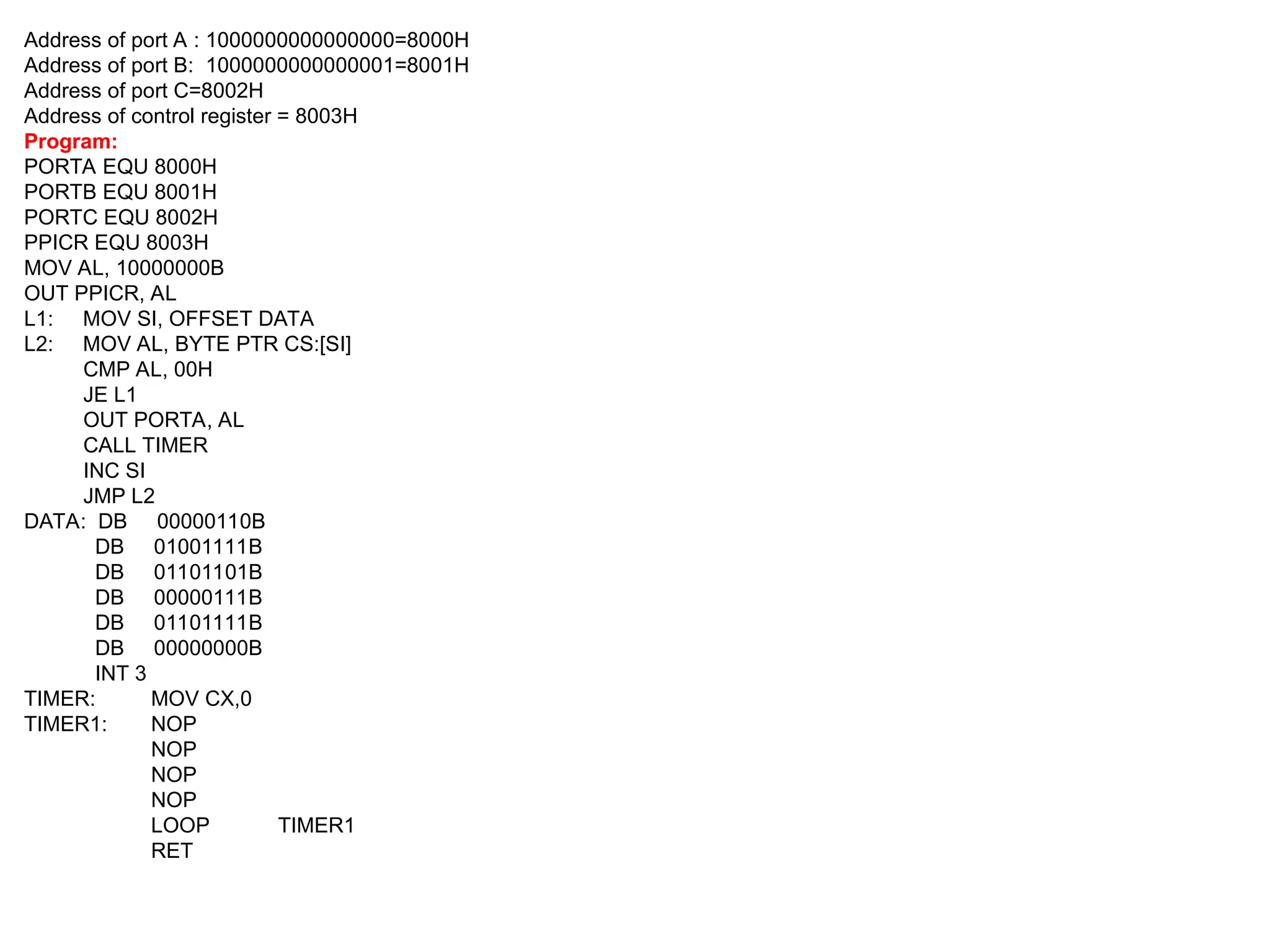Address of port A : 1000000000000000=8000H
Address of port B: 1000000000000001=8001H
Address of port C=8002H
Address of control register = 8003H
Program:
PORTA EQU 8000H
PORTB EQU 8001H
PORTC EQU 8002H
PPICR EQU 8003H
MOV AL, 10000000B
OUT PPICR, AL
L1: MOV SI, OFFSET DATA
L2: MOV AL, BYTE PTR CS:[SI]
CMP AL, 00H
JE L1
OUT PORTA, AL
CALL TIMER
INC SI
JMP L2
DATA: DB 00000110B
DB 01001111B
DB 01101101B
DB 00000111B
DB 01101111B
DB 00000000B
INT 3
TIMER: MOV CX,0
TIMER1: NOP
NOP
NOP
NOP
LOOP TIMER1
RET
 