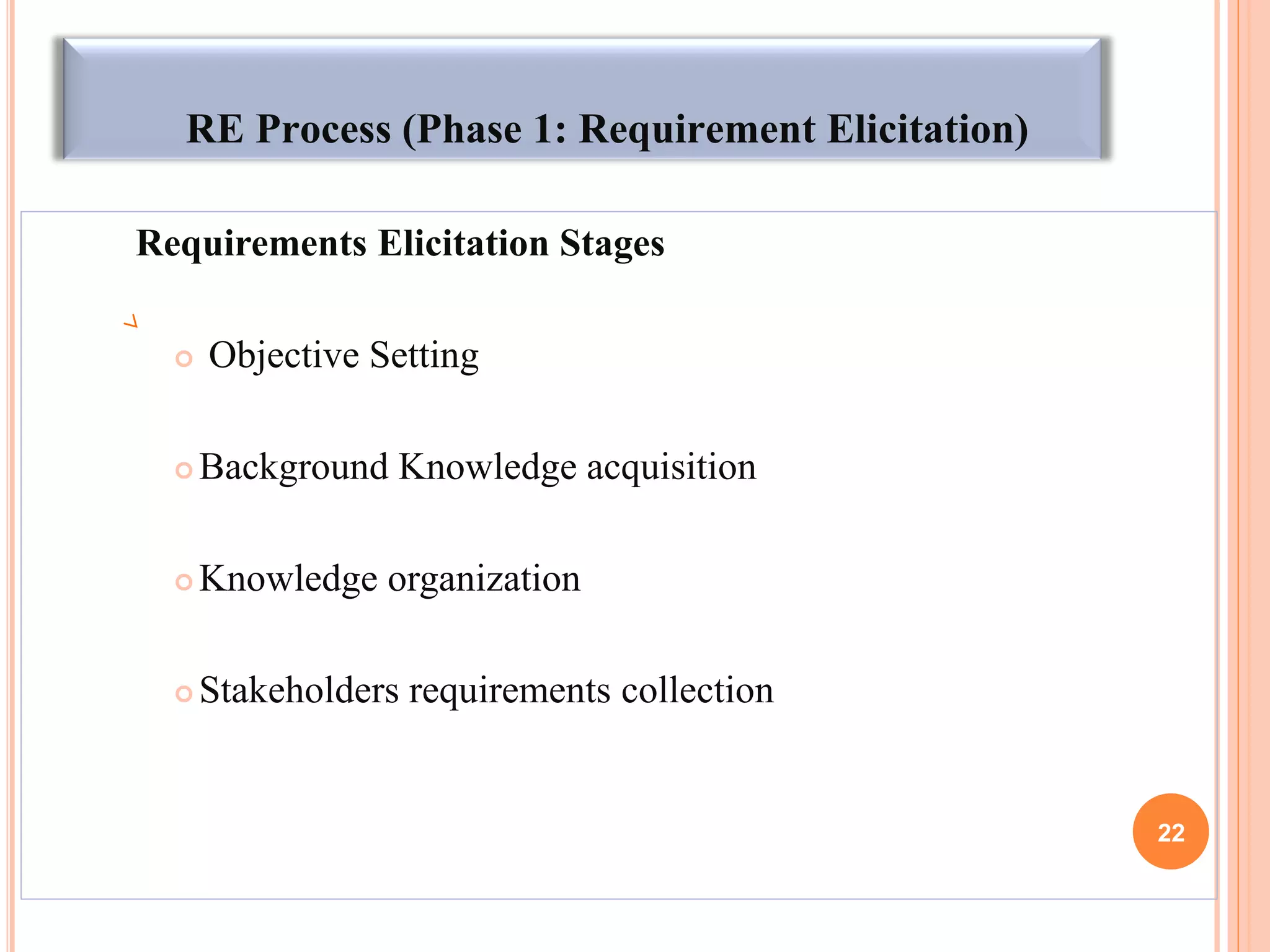 RE Process (Phase 1: Requirement Elicitation)
Requirements Elicitation Stages
 Objective Setting
 Background Knowledge acquisition
 Knowledge organization
 Stakeholders requirements collection
22
 