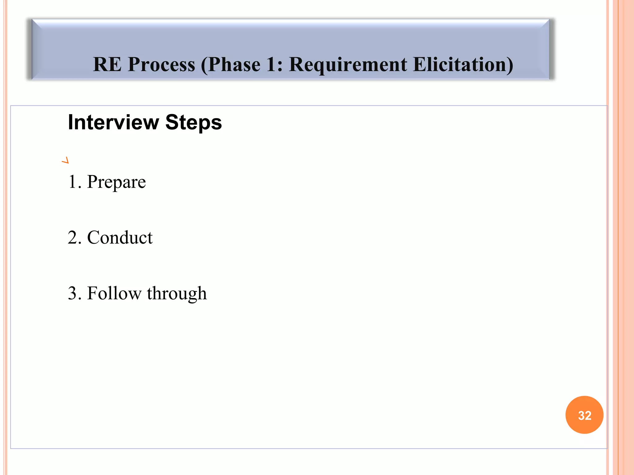 RE Process (Phase 1: Requirement Elicitation)
Interview Steps
1. Prepare
2. Conduct
3. Follow through
32
 