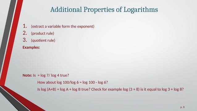 Lecture8 if Logarithms Functions. Examples of Logs | PPTX