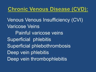 Venous Venous Insufficiency (CVI)
Varicose Veins
Painful varicose veins
Superficial phlebitis
Superficial phlebothrombosis
Deep vein phlebitis
Deep vein thrombophlebitis
 
