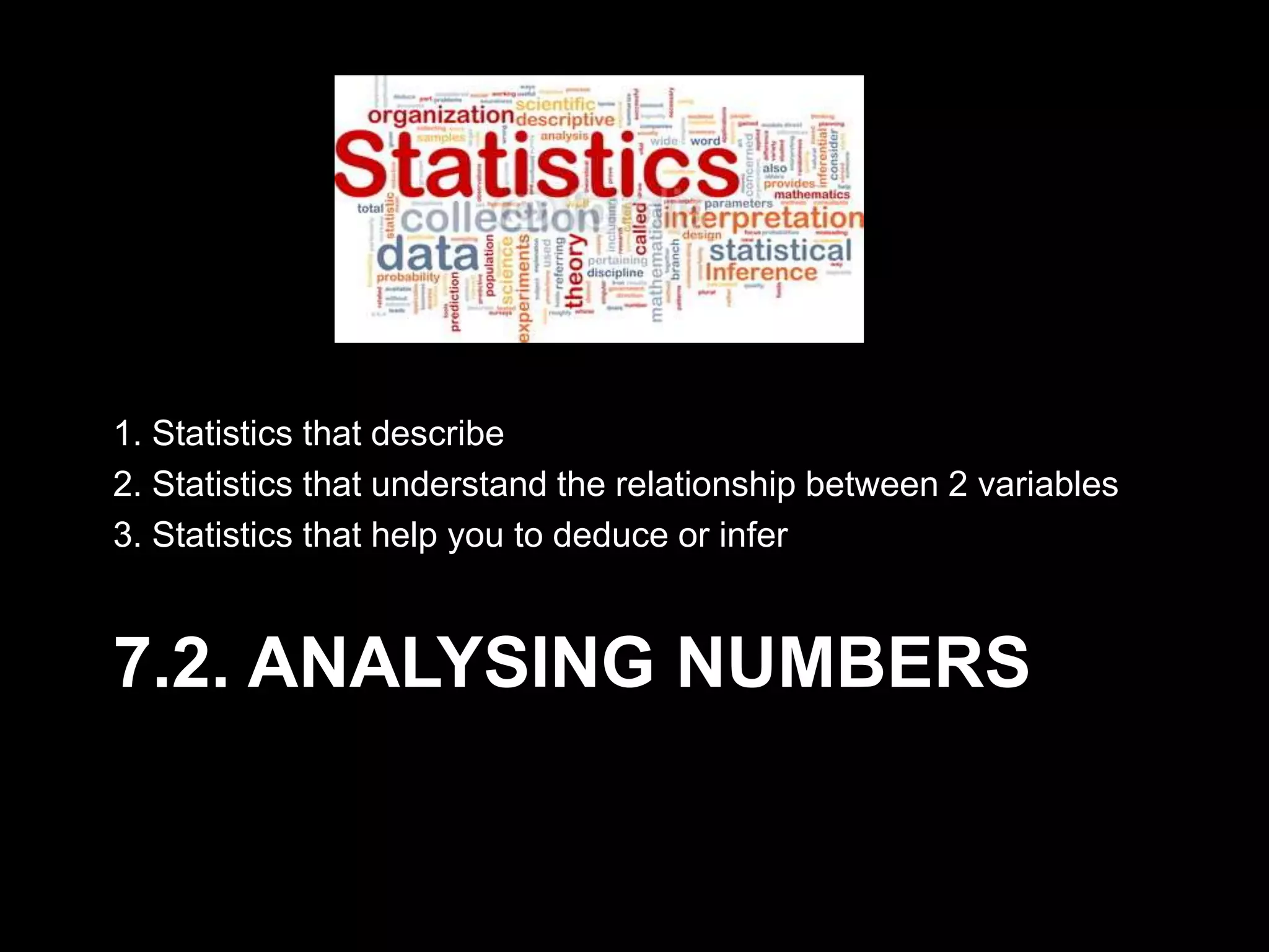 7.2. ANALYSING NUMBERS
1. Statistics that describe
2. Statistics that understand the relationship between 2 variables
3. Statistics that help you to deduce or infer
 