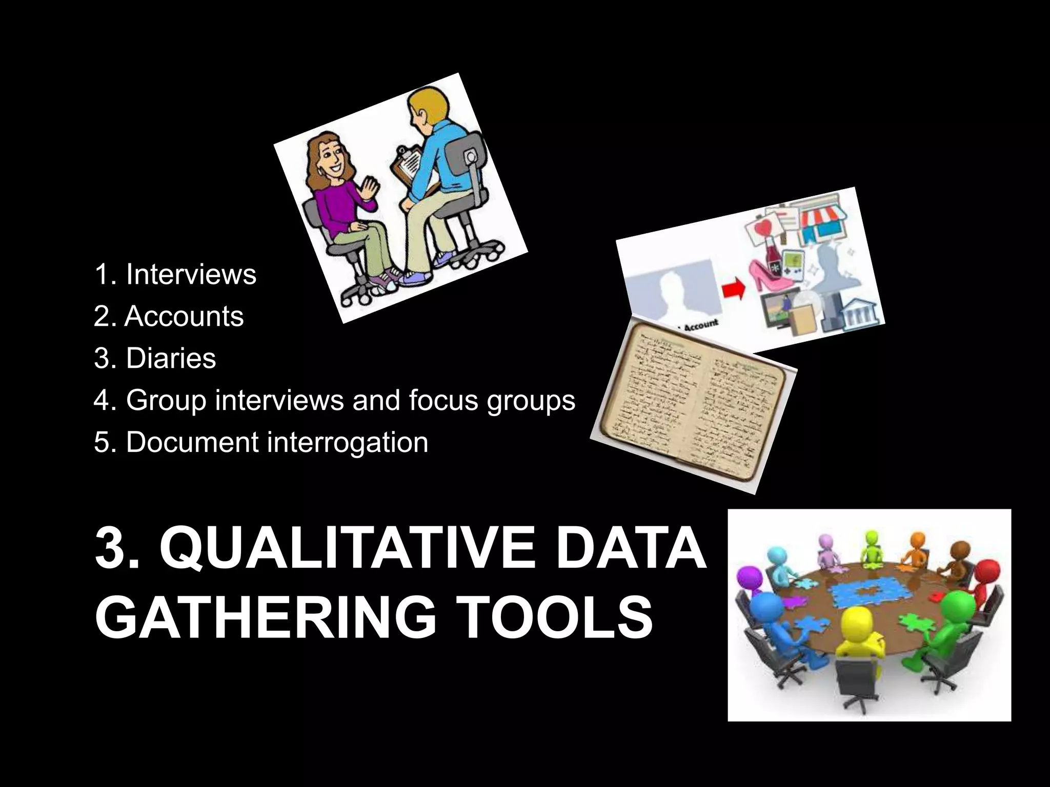 3. QUALITATIVE DATA
GATHERING TOOLS
1. Interviews
2. Accounts
3. Diaries
4. Group interviews and focus groups
5. Document interrogation
 
