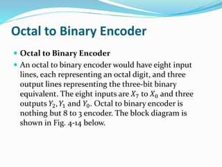 Octal to Binary Encoder
 Octal to Binary Encoder
 An octal to binary encoder would have eight input
lines, each representing an octal digit, and three
output lines representing the three-bit binary
equivalent. The eight inputs are 𝑋7 to 𝑋0 and three
outputs 𝑌2, 𝑌1 and 𝑌0. Octal to binary encoder is
nothing but 8 to 3 encoder. The block diagram is
shown in Fig. 4-14 below.
 