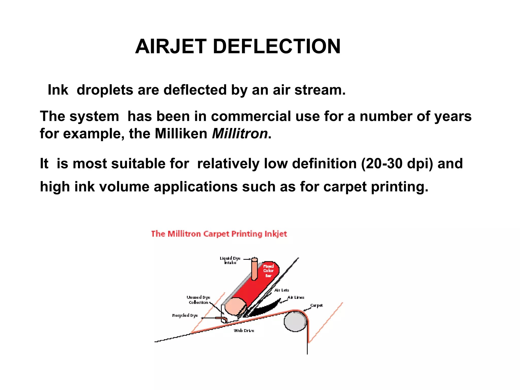 AIRJET DEFLECTION Ink  droplets are deflected by an air stream.  The system  has been in commercial use for a number of years  for example, the Milliken  Millitron .  It  is most suitable for  relatively low definition (20-30 dpi) and high ink volume applications such as for carpet printing.   