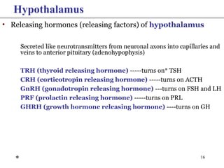 16
Hypothalamus
• Releasing hormones (releasing factors) of hypothalamus
Secreted like neurotransmitters from neuronal axons into capillaries and
veins to anterior pituitary (adenohypophysis)
TRH (thyroid releasing hormone) -----turns on* TSH
CRH (corticotropin releasing hormone) -----turns on ACTH
GnRH (gonadotropin releasing hormone) ---turns on FSH and LH
PRF (prolactin releasing hormone) -----turns on PRL
GHRH (growth hormone releasing hormone) ----turns on GH
*
 