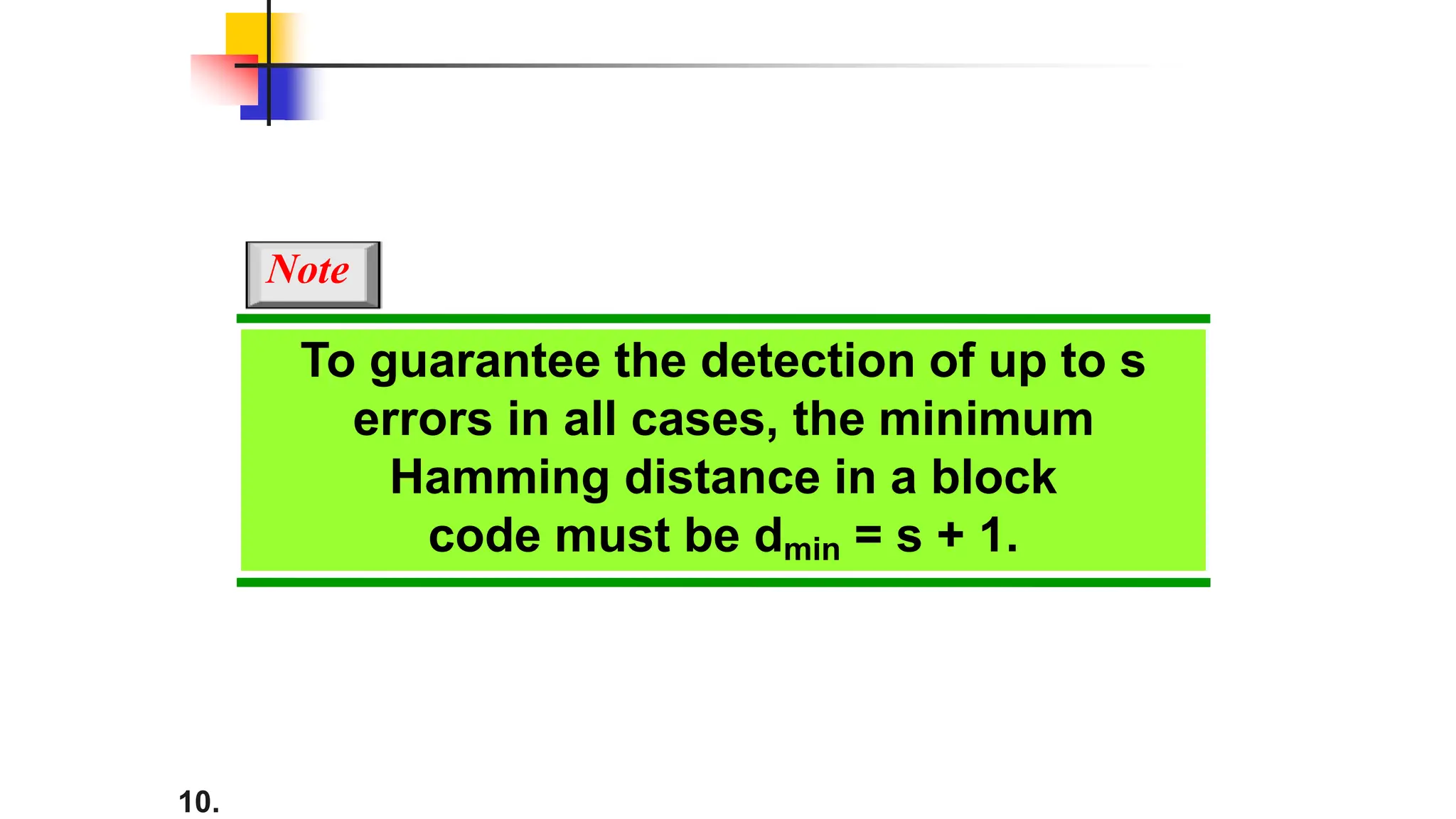 10.
To guarantee the detection of up to s
errors in all cases, the minimum
Hamming distance in a block
code must be dmin = s + 1.
Note
 