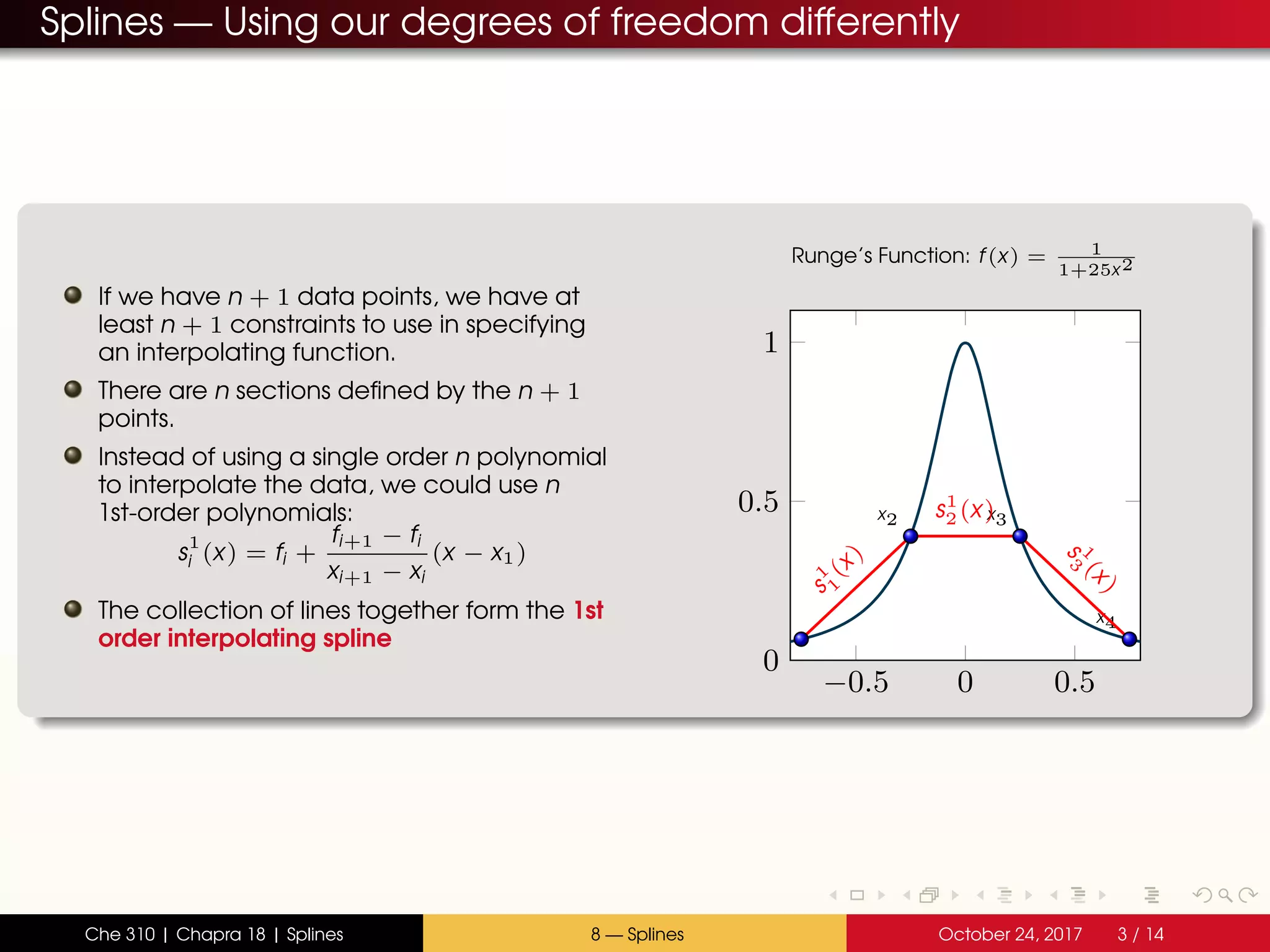 Splines — Using our degrees of freedom differently
If we have n + 1 data points, we have at
least n + 1 constraints to use in specifying
an interpolating function.
There are n sections defined by the n + 1
points.
Instead of using a single order n polynomial
to interpolate the data, we could use n
1st-order polynomials:
s
1
i (x) = fi +
fi+1 − fi
xi+1 − xi
(x − x1)
The collection of lines together form the 1st
order interpolating spline
−0.5 0 0.5
0
0.5
1
x1
x2 x3
x4
s
1
1
(x)
s1
2(x)
s 1
3 (x)
Runge’s Function: f(x) = 1
1+25x2
Che 310 | Chapra 18 | Splines 8 — Splines October 24, 2017 3 / 14
 