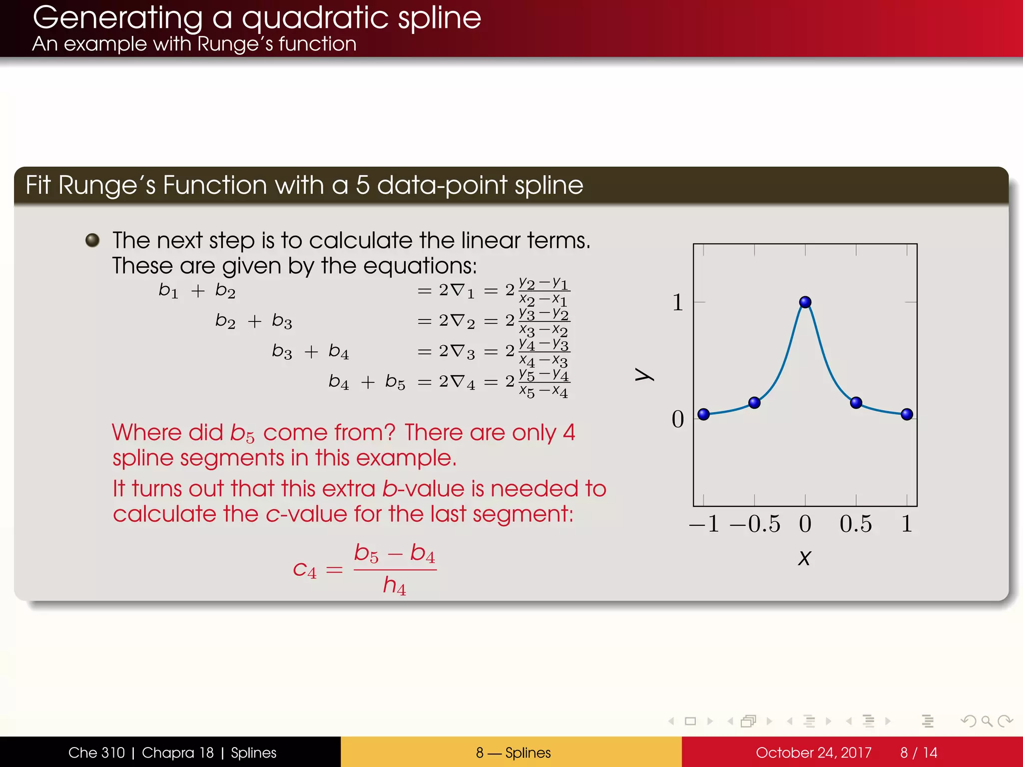Generating a quadratic spline
An example with Runge’s function
Fit Runge’s Function with a 5 data-point spline
The next step is to calculate the linear terms.
These are given by the equations:
b1 + b2 = 2 1 = 2
y2−y1
x2−x1
b2 + b3 = 2 2 = 2
y3−y2
x3−x2
b3 + b4 = 2 3 = 2
y4−y3
x4−x3
b4 + b5 = 2 4 = 2
y5−y4
x5−x4
Where did b5 come from? There are only 4
spline segments in this example.
It turns out that this extra b-value is needed to
calculate the c-value for the last segment:
c4 =
b5 − b4
h4
−1 −0.5 0 0.5 1
0
1
x
y
Che 310 | Chapra 18 | Splines 8 — Splines October 24, 2017 8 / 14
 