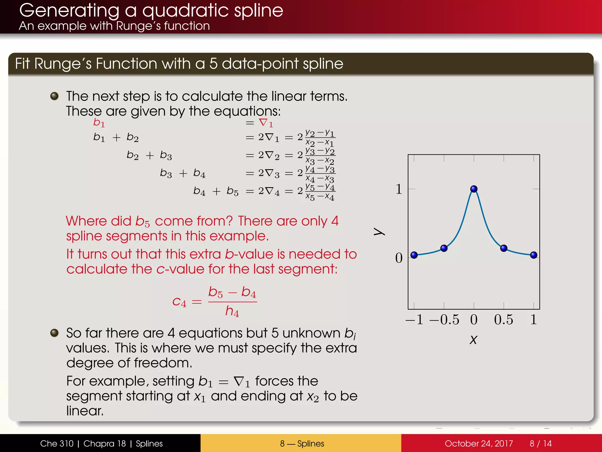 Generating a quadratic spline
An example with Runge’s function
Fit Runge’s Function with a 5 data-point spline
The next step is to calculate the linear terms.
These are given by the equations:
b1 = 1
b1 + b2 = 2 1 = 2
y2−y1
x2−x1
b2 + b3 = 2 2 = 2
y3−y2
x3−x2
b3 + b4 = 2 3 = 2
y4−y3
x4−x3
b4 + b5 = 2 4 = 2
y5−y4
x5−x4
Where did b5 come from? There are only 4
spline segments in this example.
It turns out that this extra b-value is needed to
calculate the c-value for the last segment:
c4 =
b5 − b4
h4
So far there are 4 equations but 5 unknown bi
values. This is where we must specify the extra
degree of freedom.
For example, setting b1 = 1 forces the
segment starting at x1 and ending at x2 to be
linear.
−1 −0.5 0 0.5 1
0
1
x
y
Che 310 | Chapra 18 | Splines 8 — Splines October 24, 2017 8 / 14
 