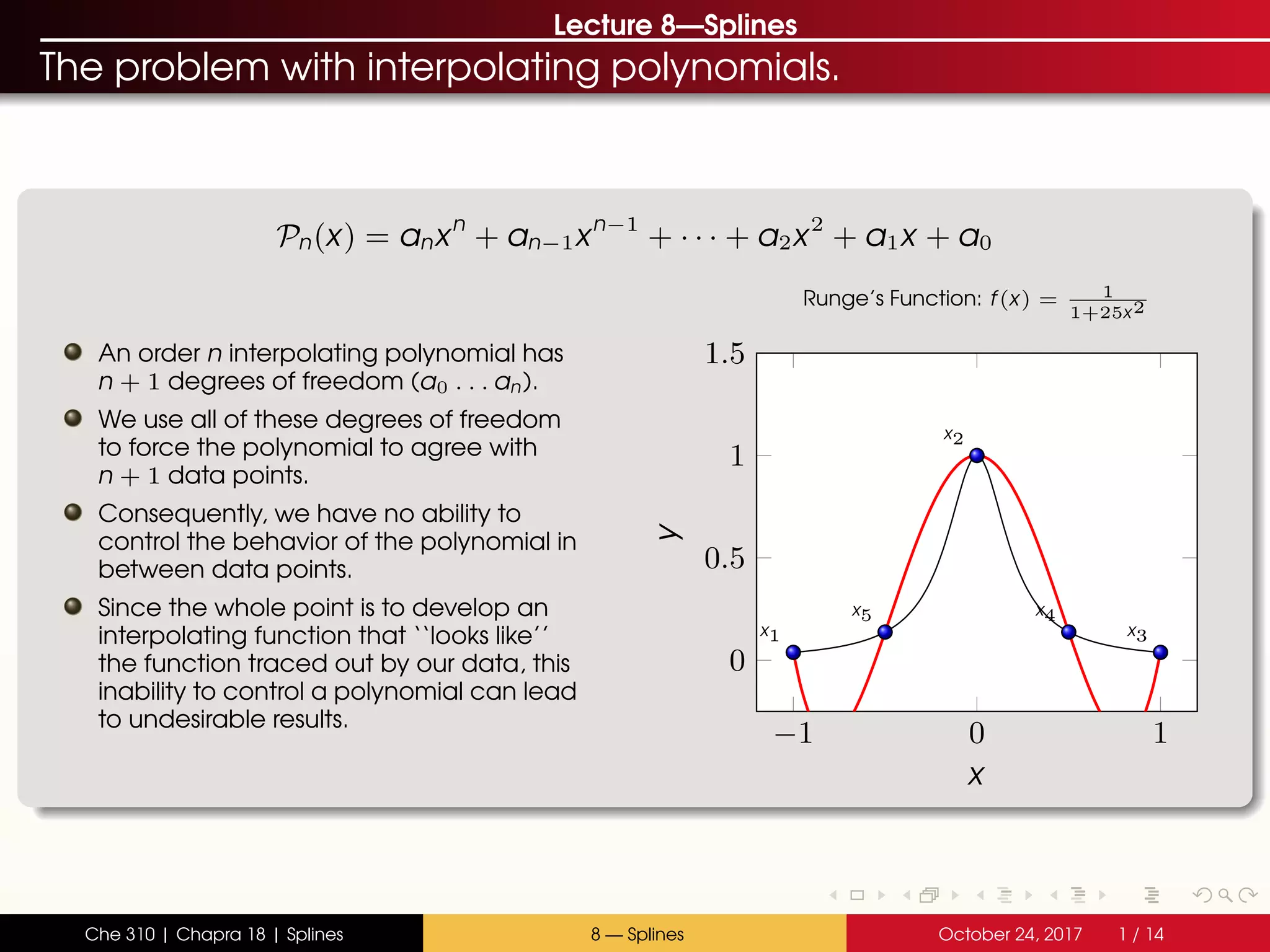 Lecture 8—Splines
The problem with interpolating polynomials.
Pn(x) = anxn
+ an−1xn−1
+ · · · + a2x2
+ a1x + a0
An order n interpolating polynomial has
n + 1 degrees of freedom (a0 . . . an).
We use all of these degrees of freedom
to force the polynomial to agree with
n + 1 data points.
Consequently, we have no ability to
control the behavior of the polynomial in
between data points.
Since the whole point is to develop an
interpolating function that ‘‘looks like’’
the function traced out by our data, this
inability to control a polynomial can lead
to undesirable results.
−1 0 1
0
0.5
1
1.5
x1
x2
x3
x4x5
x
y
Runge’s Function: f(x) = 1
1+25x2
Che 310 | Chapra 18 | Splines 8 — Splines October 24, 2017 1 / 14
 