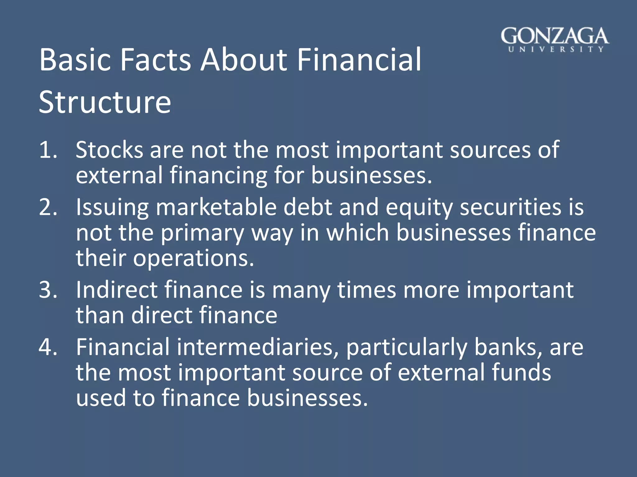 Basic Facts About Financial
Structure
1. Stocks are not the most important sources of
external financing for businesses.
2. Issuing marketable debt and equity securities is
not the primary way in which businesses finance
their operations.
3. Indirect finance is many times more important
than direct finance
4. Financial intermediaries, particularly banks, are
the most important source of external funds
used to finance businesses.
 