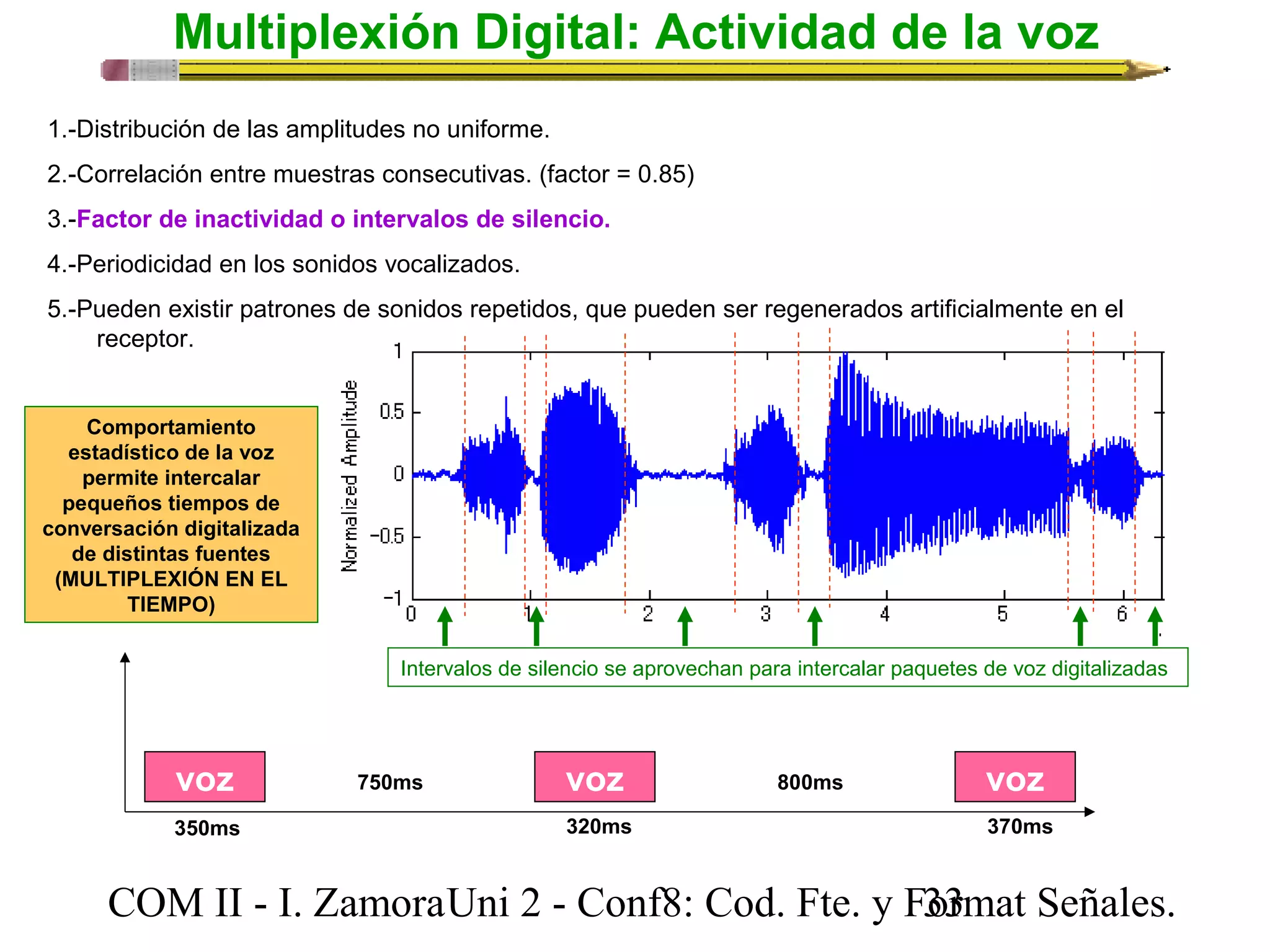 Multiplexión Digital: Actividad de la voz 
1.-Distribución de las amplitudes no uniforme. 
2.-Correlación entre muestras consecutivas. (factor = 0.85) 
3.-Factor de inactividad o intervalos de silencio. 
4.-Periodicidad en los sonidos vocalizados. 
5.-Pueden existir patrones de sonidos repetidos, que pueden ser regenerados artificialmente en el 
receptor. 
Comportamiento 
estadístico de la voz 
permite intercalar 
pequeños tiempos de 
conversación digitalizada 
de distintas fuentes 
(MULTIPLEXIÓN EN EL 
TIEMPO) 
Intervalos de silencio se aprovechan para intercalar paquetes de voz digitalizadas 
voz 750ms voz 800ms 
voz 
350ms 320ms 370ms 
COM II - I. Zamora U n i 2 - Conf8: Cod. Fte. y F3o3rmat Señales. 
 