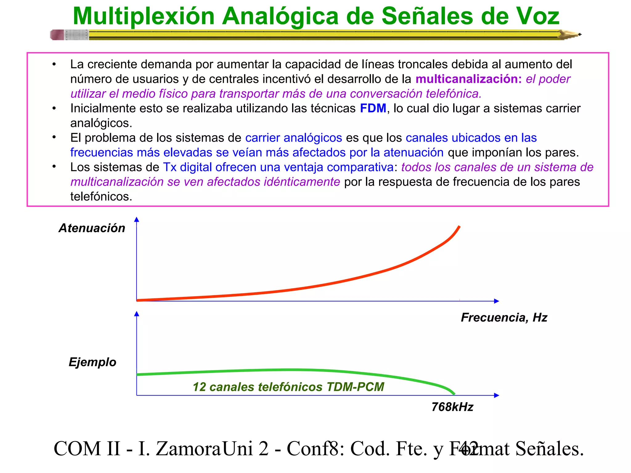Multiplexión Analógica de Señales de Voz 
• La creciente demanda por aumentar la capacidad de líneas troncales debida al aumento del 
número de usuarios y de centrales incentivó el desarrollo de la multicanalización: el poder 
utilizar el medio físico para transportar más de una conversación telefónica. 
• Inicialmente esto se realizaba utilizando las técnicas FDM, lo cual dio lugar a sistemas carrier 
analógicos. 
• El problema de los sistemas de carrier analógicos es que los canales ubicados en las 
frecuencias más elevadas se veían más afectados por la atenuación que imponían los pares. 
• Los sistemas de Tx digital ofrecen una ventaja comparativa: todos los canales de un sistema de 
multicanalización se ven afectados idénticamente por la respuesta de frecuencia de los pares 
telefónicos. 
Atenuación 
Frecuencia, Hz 
768kHz 
12 canales telefónicos TDM-PCM 
Ejemplo 
COM II - I. Zamora U n i 2 - Conf8: Cod. Fte. y F4o2rmat Señales. 
 