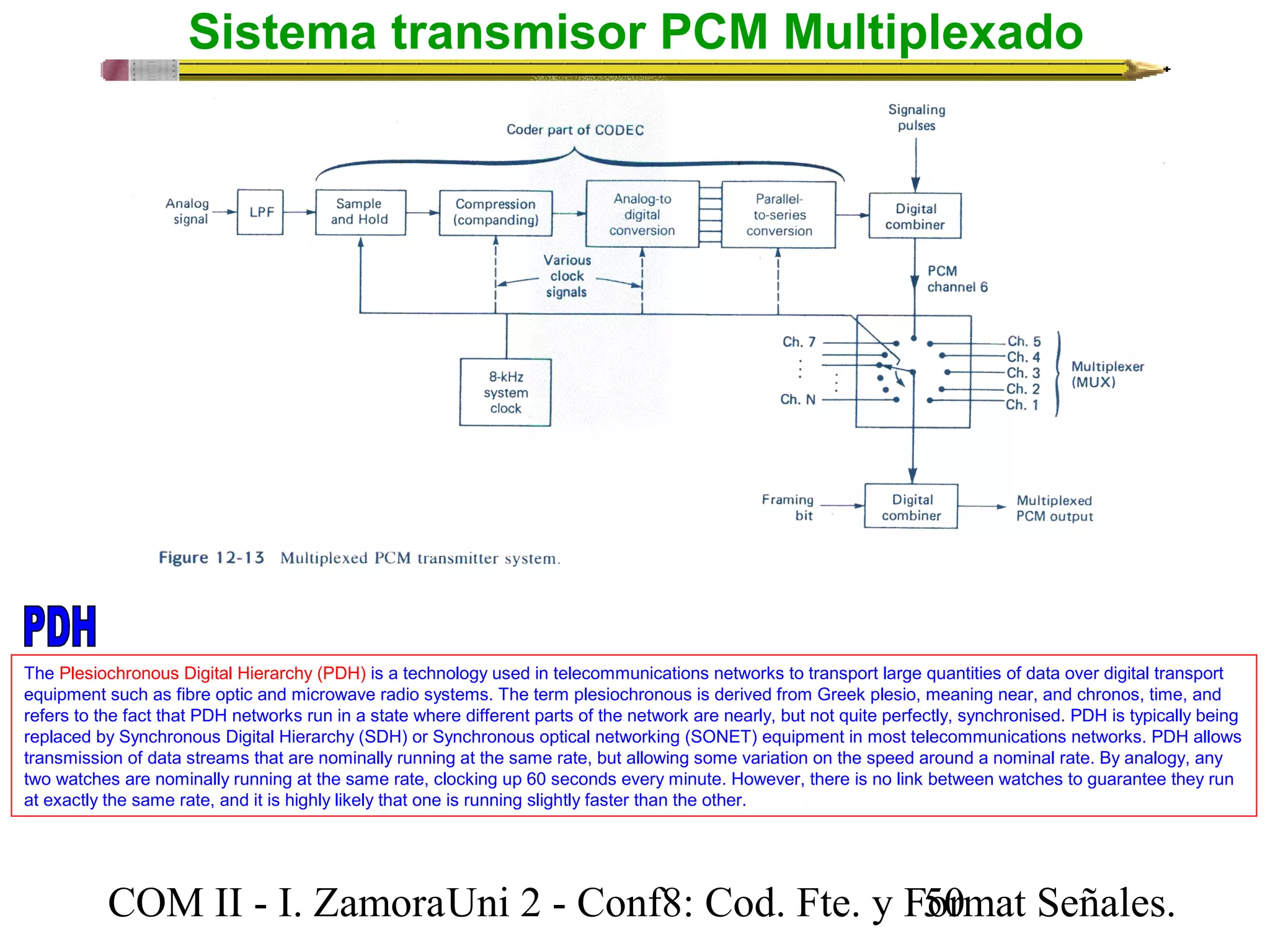 Sistema transmisor PCM Multiplexado 
The Plesiochronous Digital Hierarchy (PDH) is a technology used in telecommunications networks to transport large quantities of data over digital transport 
equipment such as fibre optic and microwave radio systems. The term plesiochronous is derived from Greek plesio, meaning near, and chronos, time, and 
refers to the fact that PDH networks run in a state where different parts of the network are nearly, but not quite perfectly, synchronised. PDH is typically being 
replaced by Synchronous Digital Hierarchy (SDH) or Synchronous optical networking (SONET) equipment in most telecommunications networks. PDH allows 
transmission of data streams that are nominally running at the same rate, but allowing some variation on the speed around a nominal rate. By analogy, any 
two watches are nominally running at the same rate, clocking up 60 seconds every minute. However, there is no link between watches to guarantee they run 
at exactly the same rate, and it is highly likely that one is running slightly faster than the other. 
COM II - I. Zamora U n i 2 - Conf8: Cod. Fte. y F5o0rmat Señales. 
 