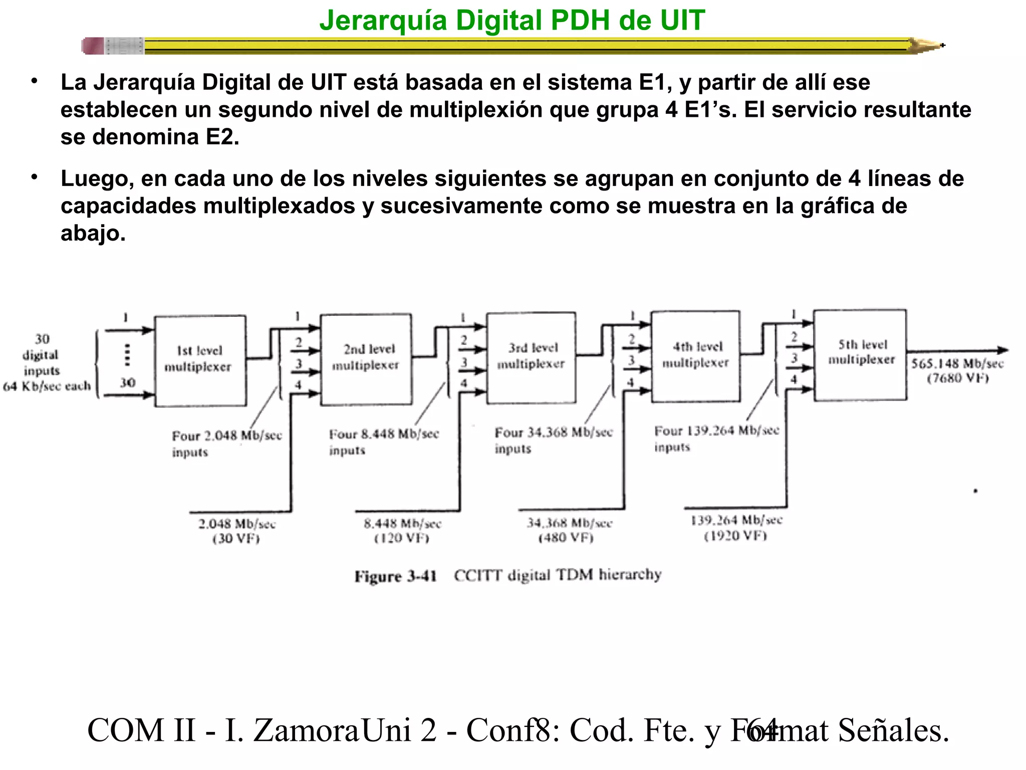 Jerarquía Digital PDH de UIT 
• La Jerarquía Digital de UIT está basada en el sistema E1, y partir de allí ese 
establecen un segundo nivel de multiplexión que grupa 4 E1’s. El servicio resultante 
se denomina E2. 
• Luego, en cada uno de los niveles siguientes se agrupan en conjunto de 4 líneas de 
capacidades multiplexados y sucesivamente como se muestra en la gráfica de 
abajo. 
COM II - I. Zamora U n i 2 - Conf8: Cod. Fte. y F6o4rmat Señales. 
 