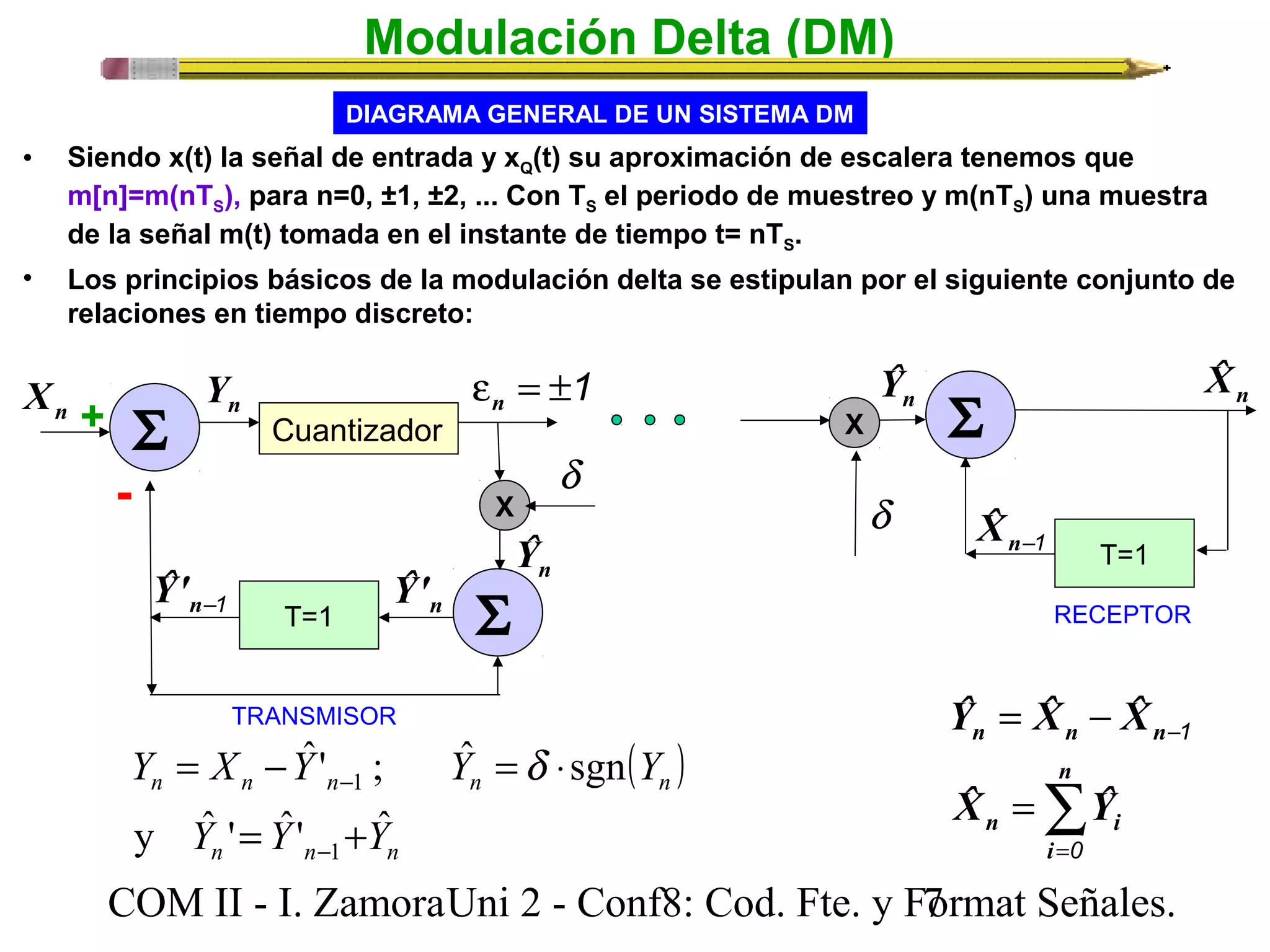 Modulación Delta (DM) 
• Siendo x(t) la señal de entrada y xQ(t) su aproximación de escalera tenemos que 
m[n]=m(nTS), para n=0, ±1, ±2, ... Con TS el periodo de muestreo y m(nTS) una muestra 
de la señal m(t) tomada en el instante de tiempo t= nTS. 
• Los principios básicos de la modulación delta se estipulan por el siguiente conjunto de 
relaciones en tiempo discreto: 
( ) 
ˆ' ; ˆ sgn 
n X n Y 
Y = X - Y Y = d 
× 
Y 
- y ˆ ' ˆ' ˆ 
n n n 1 
n n 
Y = Y + 
Y 
n n - 
1 
n 
n Xˆ n Yˆ 
Yˆ = Xˆ - 
Xˆ 
n n n 
n 
Xˆ Yˆ 
å= 
- 
= 
n i 
i 
0 
COM II - I. Zamora U n i 2 - Conf8: Cod. Fte. y F7ormat Señales. 
1 
DIAGRAMA GENERAL DE UN SISTEMA DM 
S Cuantizador 
T=1 S 
+ 
- 
n Yˆ 
n Yˆ' n-1 Yˆ' 
S 
T=1 
n-1 Xˆ 
TRANSMISOR 
RECEPTOR 
X 
d 
d 
X 
e = ±1 n 
 