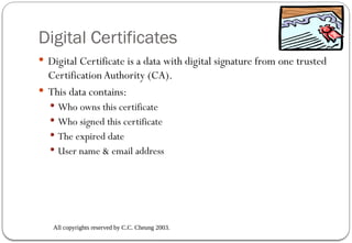 All copyrights reserved by C.C. Cheung 2003.
Digital Certificates
 Digital Certificate is a data with digital signature from one trusted
CertificationAuthority (CA).
 This data contains:
 Who owns this certificate
 Who signed this certificate
 The expired date
 User name & email address
 