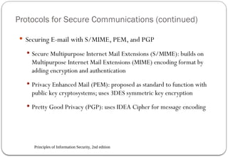 Principles of Information Security, 2nd edition
Protocols for Secure Communications (continued)
 Securing E-mail with S/MIME, PEM, and PGP
 Secure Multipurpose Internet Mail Extensions (S/MIME): builds on
Multipurpose Internet Mail Extensions (MIME) encoding format by
adding encryption and authentication
 Privacy Enhanced Mail (PEM): proposed as standard to function with
public key cryptosystems; uses 3DES symmetric key encryption
 Pretty Good Privacy (PGP): uses IDEA Cipher for message encoding
 