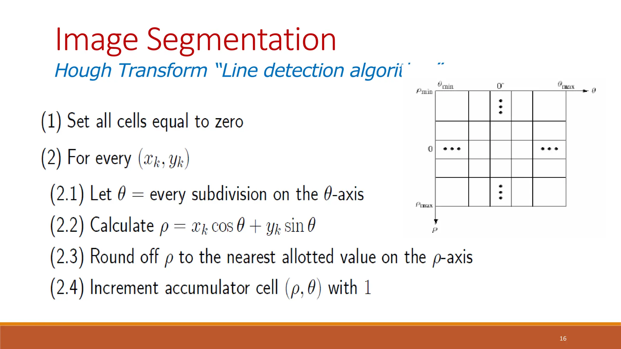 16
Image Segmentation
Hough Transform “Line detection algorithm”
 