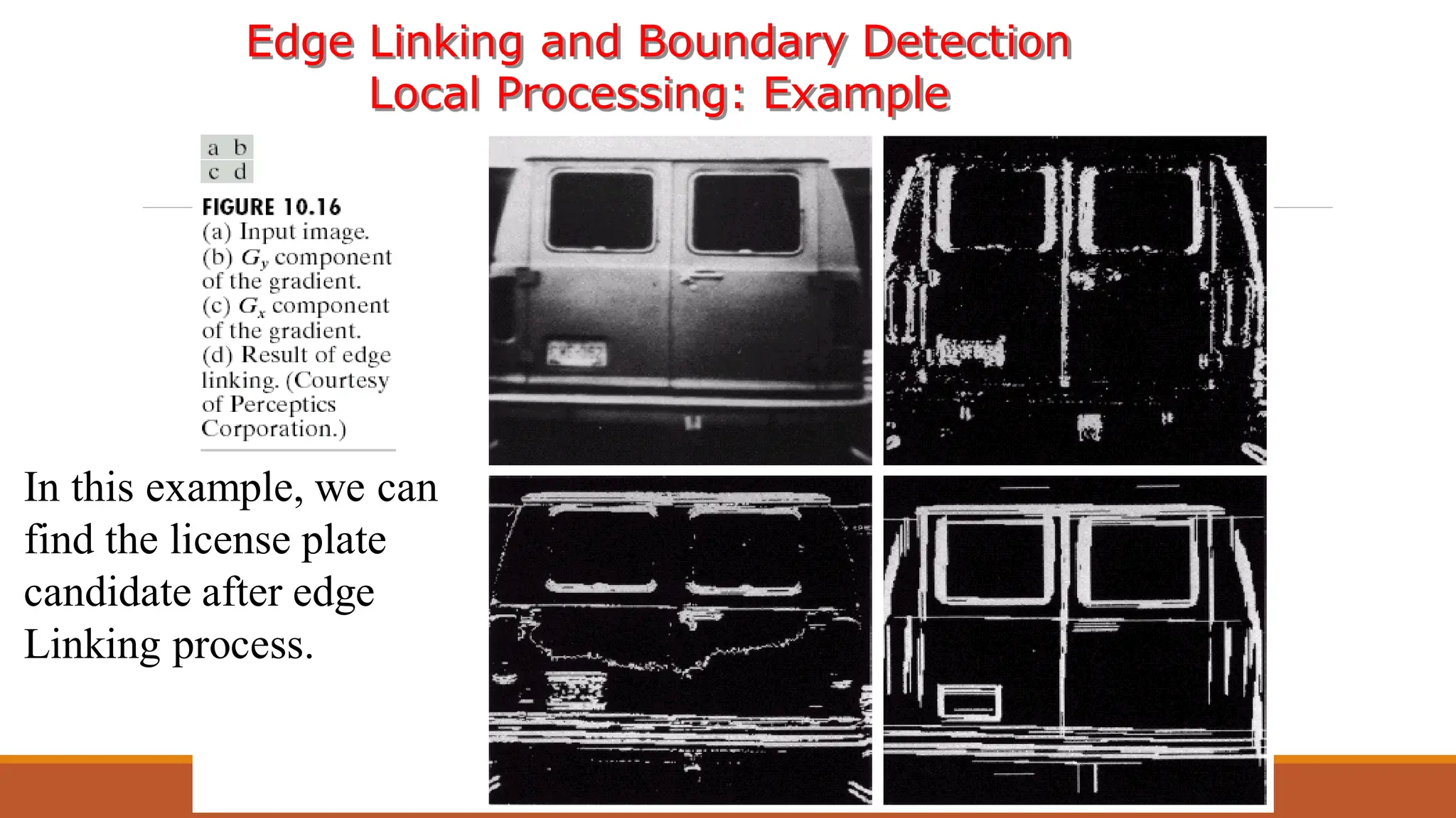 Edge Linking and Boundary Detection
Local Processing: Example
In this example, we can
find the license plate
candidate after edge
Linking process.
 