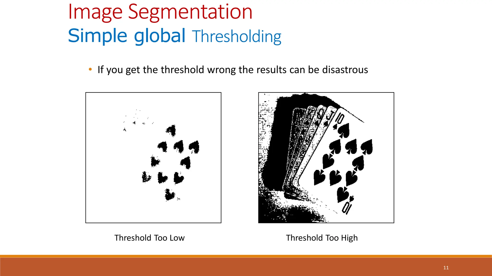 11
• If you get the threshold wrong the results can be disastrous
Threshold Too Low Threshold Too High
Image Segmentation
Simple global Thresholding
 
