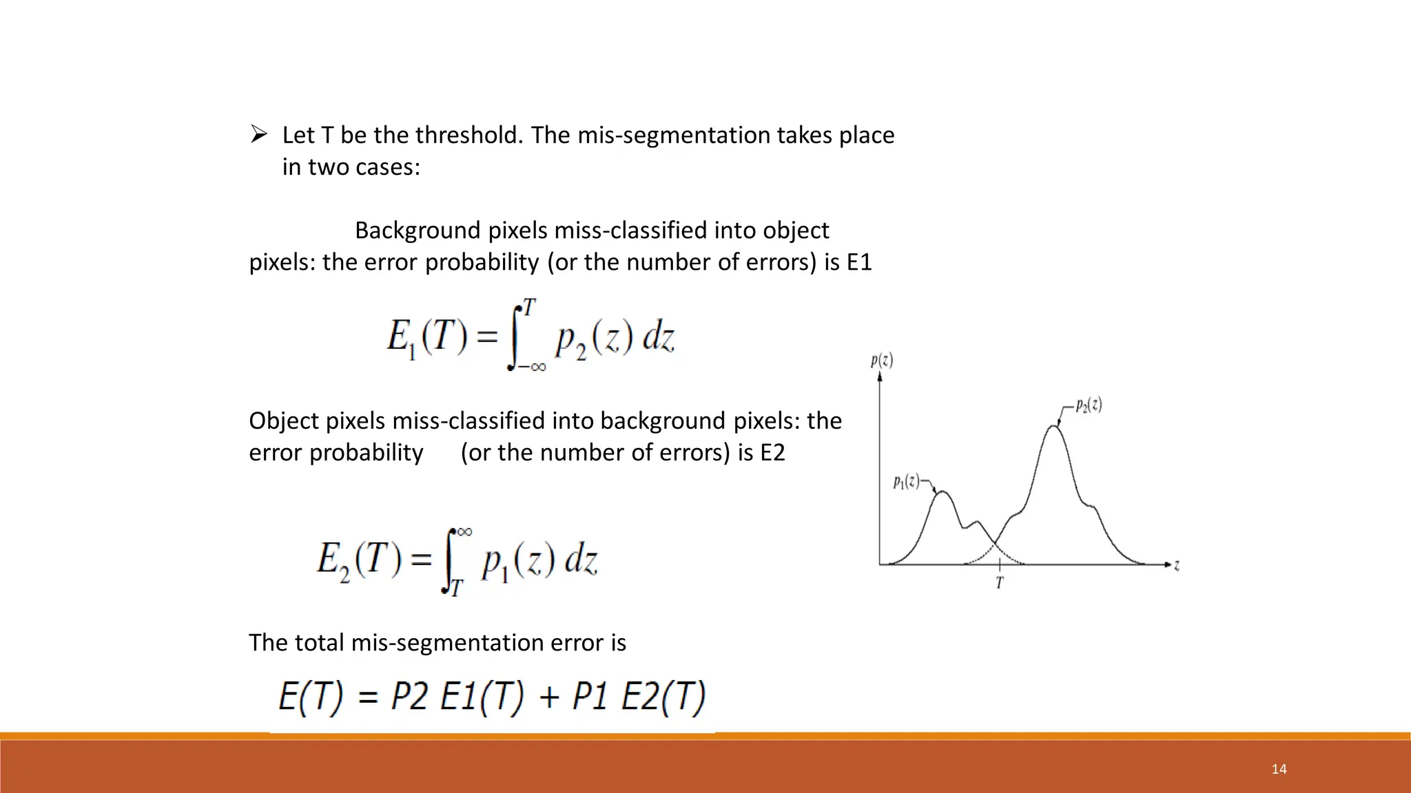 14
 Let T be the threshold. The mis-segmentation takes place
in two cases:
Background pixels miss-classified into object
pixels: the error probability (or the number of errors) is E1
Object pixels miss-classified into background pixels: the
error probability (or the number of errors) is E2
The total mis-segmentation error is
 