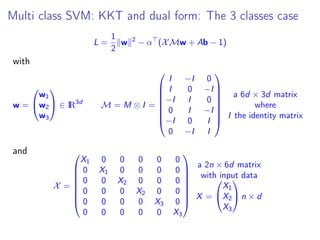 Multi class SVM: KKT and dual form: The 3 classes case
L =
1
2
w 2
− α (XMw + Ab − 1)
with
w =


w1
w2
w3

 ∈ IR3d
M = M ⊗ I =








I −I 0
I 0 −I
−I I 0
0 I −I
−I 0 I
0 −I I








a 6d × 3d matrix
where
I the identity matrix
and
X =








X1 0 0 0 0 0
0 X1 0 0 0 0
0 0 X2 0 0 0
0 0 0 X2 0 0
0 0 0 0 X3 0
0 0 0 0 0 X3








a 2n × 6d matrix
with input data
X =


X1
X2
X3

 n × d
 
