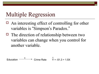 Multiple Regression
 An interesting effect of controlling for other
variables is “Simpson’s Paradox.”
 The direction of relationship between two
variables can change when you control for
another variable.
Education Crime Rate Y = -51.3 + 1.5X
+ ∧
 