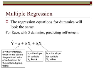 Multiple Regression
 The regression equations for dummies will
look the same.
For Race, with 3 dummies, predicting self-esteem:
Y = a + b1X1 + b2X2
∧
a = the y-intercept,
which in this case is
the predicted value
of self-esteem for
the excluded group,
white.
b1 = the slope
for variable
X1, black
b2 = the slope
for variable
X2, other
 