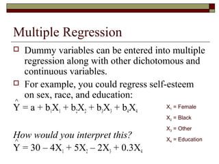 Multiple Regression
 Dummy variables can be entered into multiple
regression along with other dichotomous and
continuous variables.
 For example, you could regress self-esteem
on sex, race, and education:
Y = a + b1X1 + b2X2 + b3X3 + b4X4
How would you interpret this?
Y = 30 – 4X1 + 5X2 – 2X3 + 0.3X4
X1 = Female
X2 = Black
X3 = Other
X4 = Education
∧
∧
 
