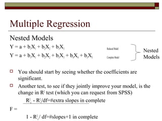 Multiple Regression
Nested Models
Y = a + b1X1 + b2X2 + b3X3 ReducedModel
Y = a + b1X1 + b2X2 + b3X3 + b4X4 + b5X5 CompleteModel
 You should start by seeing whether the coefficients are
significant.
 Another test, to see if they jointly improve your model, is the
change in R2
test (which you can request from SPSS)
R2
c - R2
r/df=#extra slopes in complete
F =
1 - R2
c / df=#slopes+1 in complete
Nested
Models
 