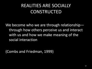 REALITIES ARE SOCIALLY
CONSTRUCTED
We become who we are through relationship—
through how others perceive us and interact
with us and how we make meaning of the
social interaction

(Combs and Friedman, 1999)

12

 