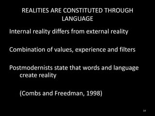 REALITIES ARE CONSTITUTED THROUGH
LANGUAGE

Internal reality differs from external reality
Combination of values, experience and filters
Postmodernists state that words and language
create reality
(Combs and Freedman, 1998)
14

 