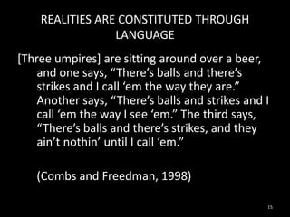REALITIES ARE CONSTITUTED THROUGH
LANGUAGE

[Three umpires] are sitting around over a beer,
and one says, “There’s balls and there’s
strikes and I call ‘em the way they are.”
Another says, “There’s balls and strikes and I
call ‘em the way I see ‘em.” The third says,
“There’s balls and there’s strikes, and they
ain’t nothin’ until I call ‘em.”
(Combs and Freedman, 1998)
15

 
