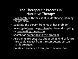 The Therapeutic Process in
Narrative Therapy
• Collaborate with the client in identifying (naming)
the problem
• Separate the person from his or her problem
• Investigate how the problem has been disrupting
or dominating the person
• Search for exceptions to the problem
• Ask clients to speculate about what kind of future
they could expect from the competent person
that is emerging
• Create an audience to support the new story

 