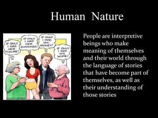Human Nature
People are interpretive
beings who make
meaning of themselves
and their world through
the language of stories
that have become part of
themselves, as well as
their understanding of
those stories

 