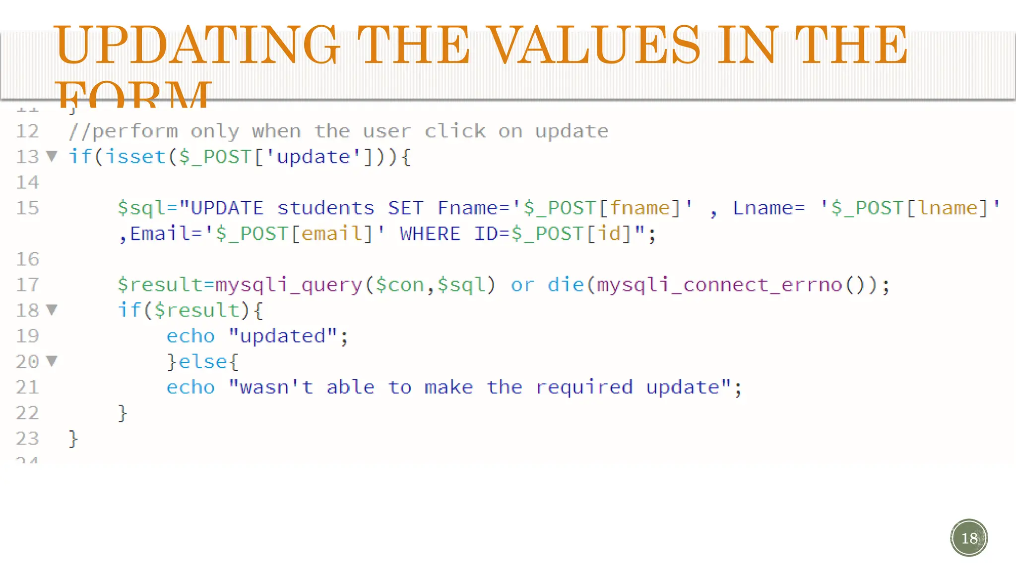 UPDATING THE VALUES IN THE FORM 18 
