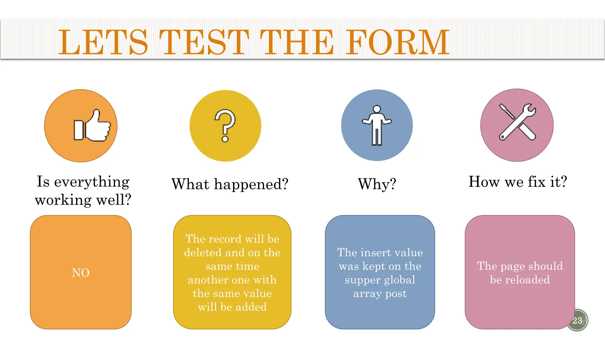 LETS TEST THE FORM 23 Is everything working well? What happened? Why? How we fix it? NO The record will be deleted and on the same time another one with the same value will be added The insert value was kept on the supper global array post The page should be reloaded 