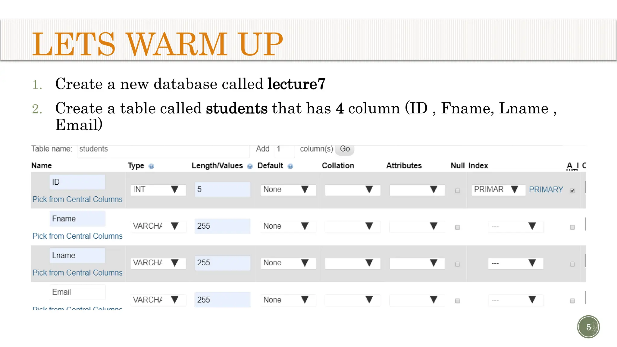 LETS WARM UP 1. Create a new database called lecture7 2. Create a table called students that has 4 column (ID , Fname, Lname , Email) 5 