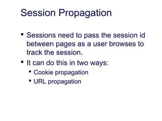 Session Propagation
 Sessions need to pass the session id
between pages as a user browses to
track the session.
 It can do this in two ways:
 Cookie propagation
 URL propagation
 