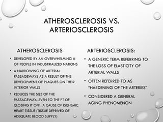 ATHEROSCLEROSIS VS.
ARTERIOSCLEROSIS
ATHEROSCLEROSIS
• DEVELOPED BY AN OVERWHELMING #
OF PEOPLE IN INDUSTRIALIZED NATIONS
• A NARROWING OF ARTERIAL
PASSAGEWAYS AS A RESULT OF THE
DEVELOPMENT OF PLAQUES ON THEIR
INTERIOR WALLS
• REDUCES THE SIZE OF THE
PASSAGEWAY--EVEN TO THE PT OF
CLOSING IT OFF. A CAUSE OF ISCHEMIC
HEART TISSUE (TISSUE DEPRIVED OF
ADEQUATE BLOOD SUPPLY)
ARTERIOSCLEROSIS:
• A GENERIC TERM REFERRING TO
THE LOSS OF ELASTICITY OF
ARTERIAL WALLS
• OFTEN REFERRED TO AS
“HARDENING OF THE ARTERIES”
• CONSIDERED A GENERAL
AGING PHENOMENON
 